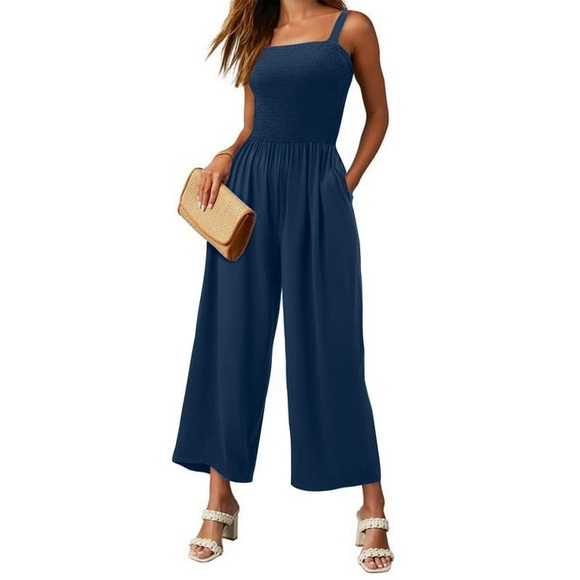 NEW Women's Solid Color Jumpsuit Spaghetti Strap Romper Wide Leg Loose Long Pant - Picture 3 of 5